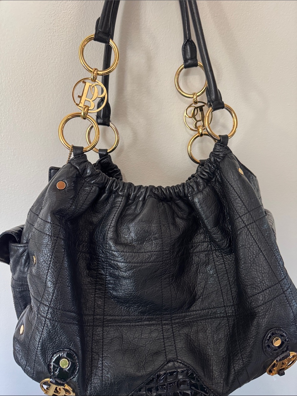 Luxury Black Leather Shoulder Bag with Gold Ring Hardware
